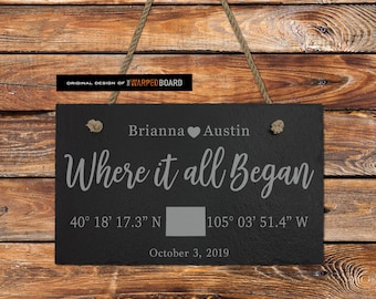 First Date | 24th Anniversary Gift | Best Wedding Present | Housewarming Gift | Where it all Began with GPS Coordinates Engraved on Slate