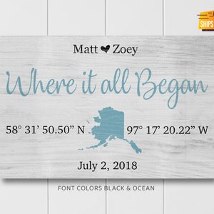 May include: A wooden sign with the text "Where it all Began" in blue script. The sign also includes the names "Matt" and "Zoey", a heart symbol, coordinates, and the date "July 2, 2018". The sign features a blue outline of the state of Alaska.