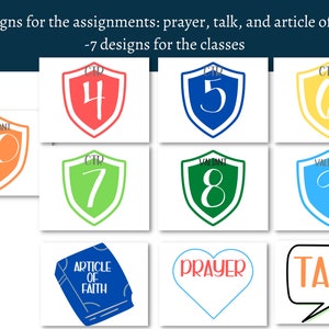 Puede incluir: Un conjunto de nueve insignias de colores en forma de escudo con los números del 4 al 10, y tres insignias con las palabras "Artículo de fe", "Oración" y "Hablar".