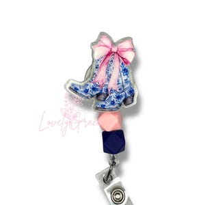 Floral Cowboy Boot Badge Reel: Pink, Glitter, Bow Alligator Clip