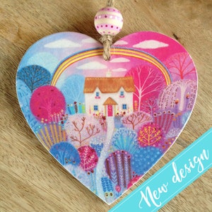 Pretty happy &#39;heart&#39; home & rainbow.Sent form the heart gift.Illustrated wooden heart.Hand painted Bead.Gift wrapped.Option to send direct
