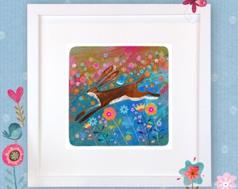 Beautiful Hare & Bluebird 'Friendship' print. A4 quality fine art 315 gsm paper print form my original art.leaping Hare. Bluebird. flowers.