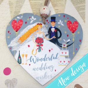 Wonderful wedding Wishes' wooden heart. Sent from the heart range. Option to send direct. Wedding gift. wedding illustrated heart. gift box