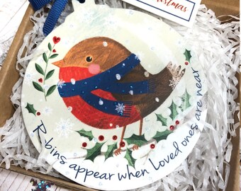 Robin Christmas bauble gift. ' Robins appear when loved ones are near'. Gift box. Ribbon and tag. Glitter detail. Can send direct option.