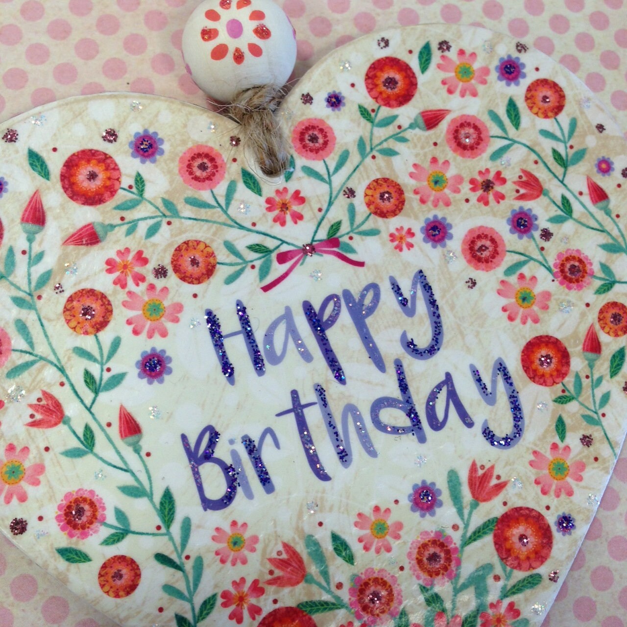 Beautiful 'happy Birthday' Flower Heart. Painted Bead t…