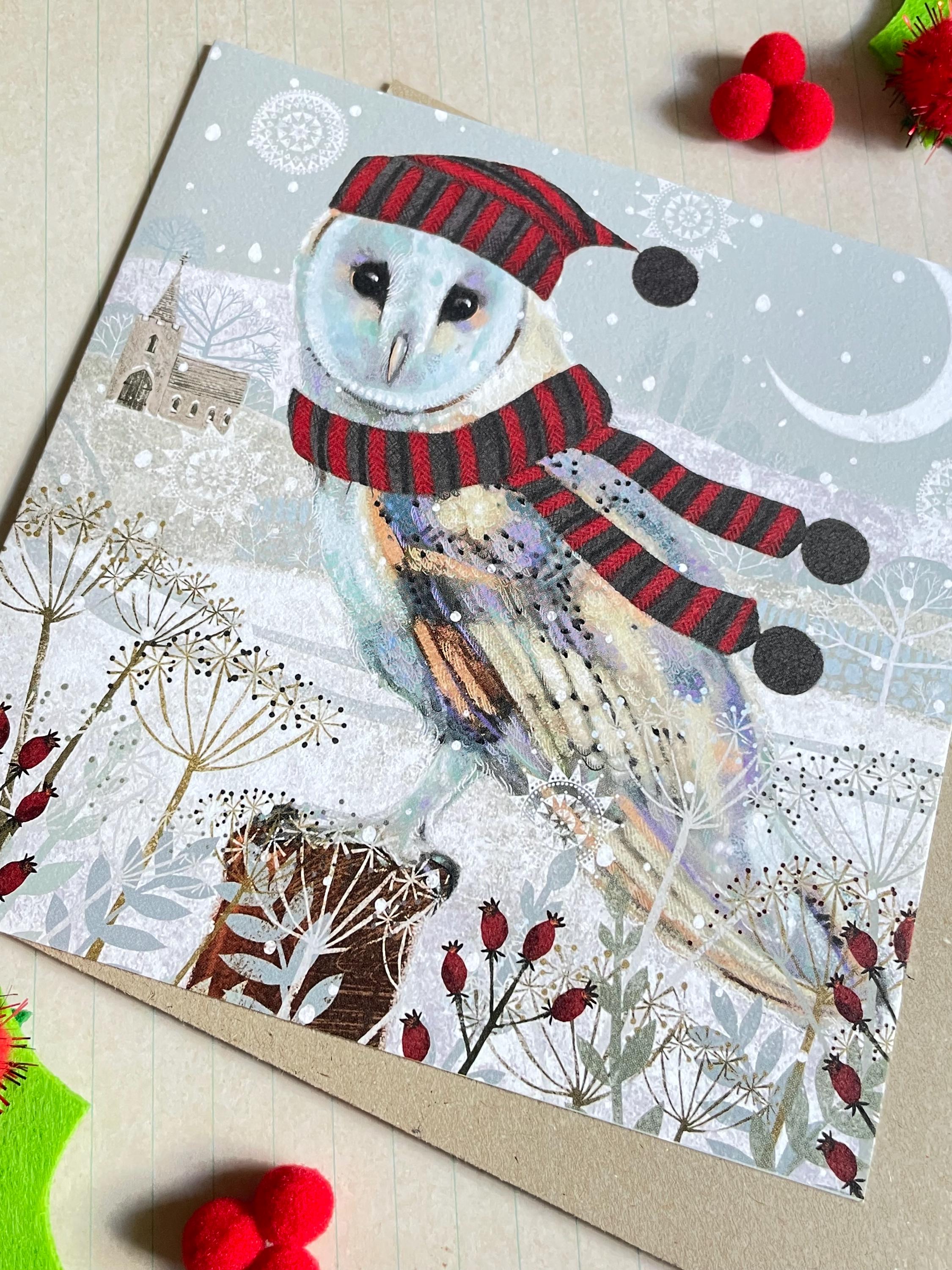 New Christmas designs for 2025.Christmas Owl card.Original design printed on 150mm SQ card. Kraft en