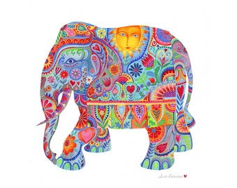 Beautiful Elephant print.Detailed stylised Elephant art print. Glitter detail added. 315gsm paper and quality ink print. A4 print.