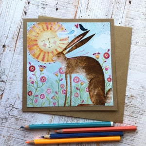 Wunderschöne Hase, Sonne und Liebe Vögel Karte, Handarbeit aus meinem Kunstwerk. 3 Größen zur Auswahl. Hase Kunst Grußkarte. Hase & Sonne Design.