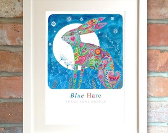 Beautiful 'Blue Hare' print A4  on fineart textured papers 280gsm.Taken from my original watercolour detailed painting. Glitter detail added