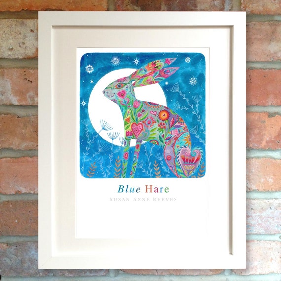 Beautiful 'Blue Hare' print A4  on fineart textured papers 280gsm.Taken from my original watercolour detailed painting. Glitter detail added