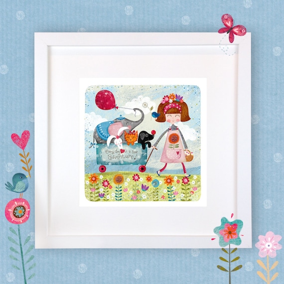Gorgeous 'Everyday is an adventure' print A4 on fine art textured paper 280+gsm.Digital illustration.Glitter detail.Perfect girls room art.