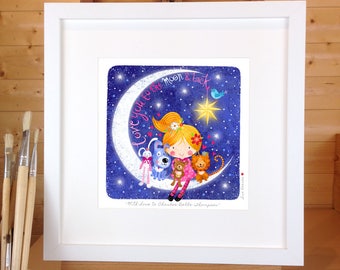 Gorgeous 'love you to the moon and back' art print for a little girls room. Personalised and signed with added glitter detail.