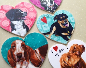 Pet portraits wooden heart. Keepsake gift of pet dog or cat. Gift boxed. Taken from photographs. Personalised Pet portraits. with name tag.