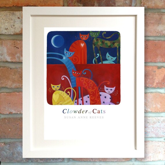 Beautiful 'Clowder of Cats' print. A4 on fine art textured paper 280+gsm. Taken from my original Acrylic large detailed painting.
