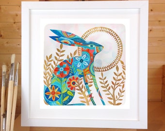 Beautiful 'Golden Hare' print A4 from my original larger painting. Gorgeous painted detail in blues, oranges and greens. Stylised Hare art.