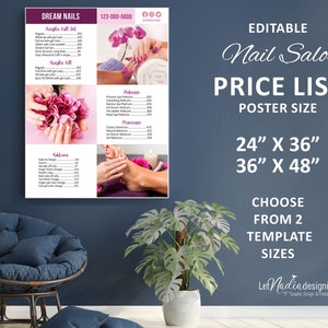 Customizable Nail Salon Price List Poster Templates - 24"x36" 36"x48" | Editable Nail Salon Menu | Nail Salon Sign Size