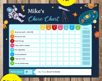 Chore Chart Printable Editable PDF | Kids Boys Behavior Chart | Checklist Chart | Instant Download | Kid Printable | Space | Astronaut