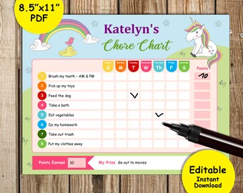 Chore Chart Printable Editable PDF | Kids Girls Behavior Chart | Checklist Chart | Instant Download | Kid Printable | Unicorn