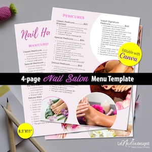 4-page Nail Salon Menu Template | Nail Salon Price List | Pedicure, Manicure, Waxing, Lash Extension Services Menu (TEMPLATE ONLY)