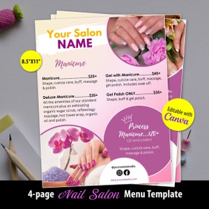 4-seitiges Nagelstudio Menü Vorlage | Nagelstudio Preisliste Vorlage | Pediküre, Maniküre, Waxing, Wimpernverlängerung Service-Menü (NUR VORLAGE)