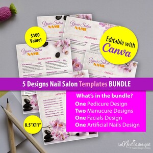 Nail Salon Menu BUNDLE:  Manicure, Pedicure, Facials, Artificial Nails Templates |  Price Lists 8.5&quot;X11&quot; Orchid Pink Design (TEMPLATES ONLY)