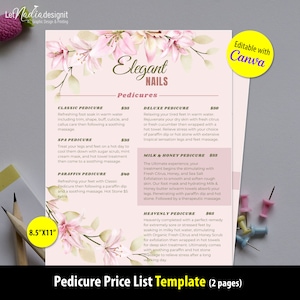 Plantilla de menú de pedicura de 2 páginas / Plantilla de lista de precios de salón de uñas / Menú de servicios de pedicura para salón de uñas Lily (SOLO PLANTILLA)