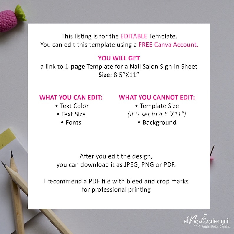 Nail Salon Sign-in Sheet Template 8.5X11 TEMPLATE ONLY Editable Sign in