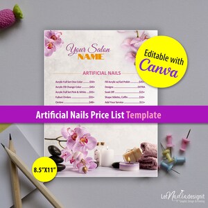 Artificial Nails Price List 8.5&quot;X11&quot; | Nail Salon Price List Template | Nail Salon Services  Menu (TEMPLATE ONLY)