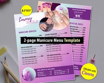 Manicure Price List 8.5"X11" | Nail Salon Template | Nail Salon Services Menu Purple Pink Design (TEMPLATE ONLY)