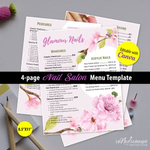 4-seitige Nagelstudio-Speisekarte | Nagelstudio Preisliste | Pediküre, Maniküre, Waxing, Wimpernverlängerung Dienstleistungen - Menü (NUR VORLAGE)