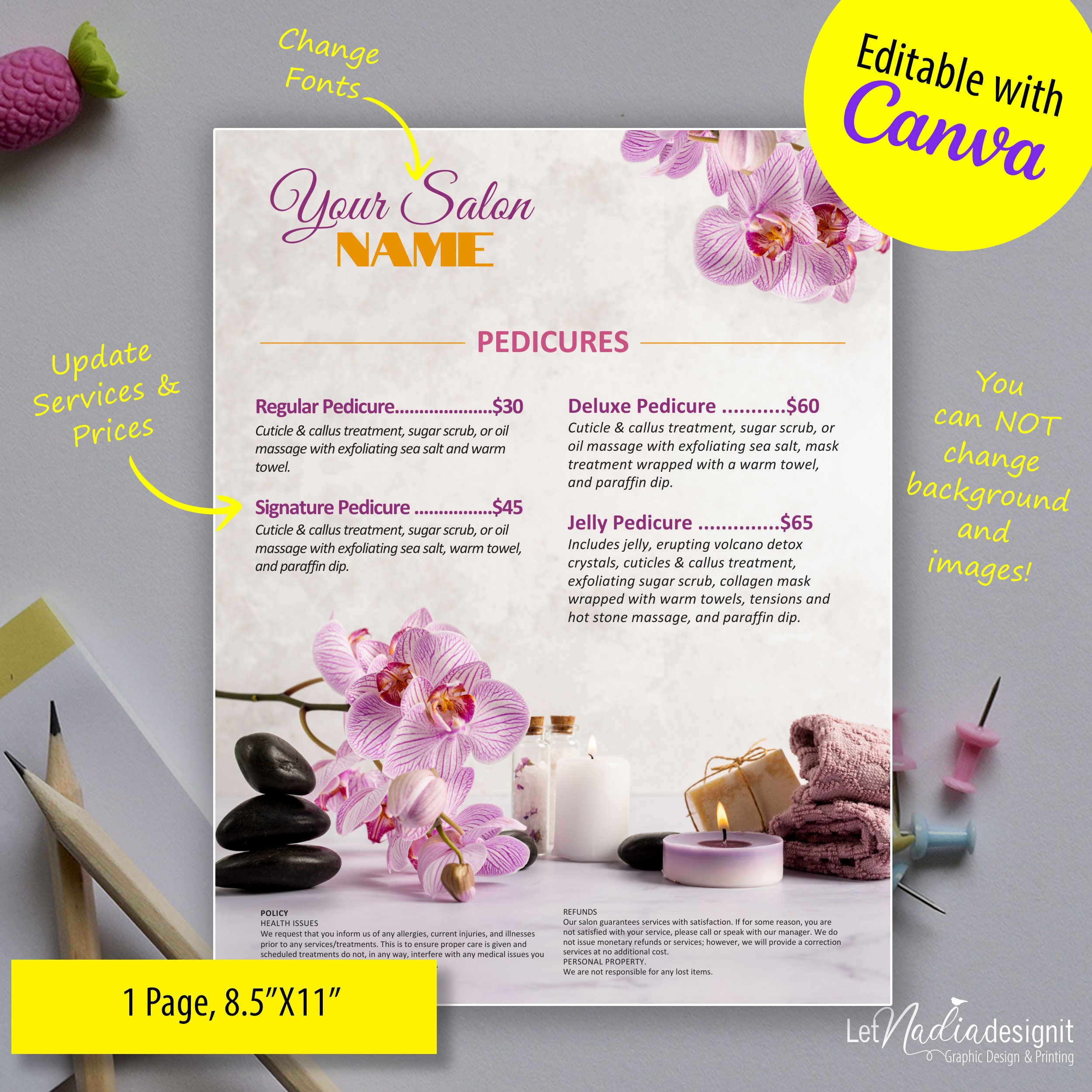 Pedicures Price List 8.5x11 Nail Salon Price Etsy