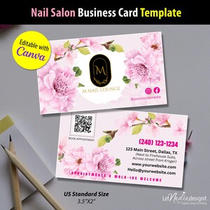 Nagelstudio Visitenkarte Vorlage | Editierbare Nail Tech Karte | Visitenkarten zum selbst Ausdrucken | Beauty Salon Karte Kirschblüte