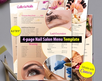 4-page Nail Salon Menu Template | Nail Salon Price List  Template| Pedicure, Manicure, Waxing, Lash Extension Services Menu (TEMPLATE ONLY)