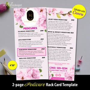 Modelo de cartão de suporte para pedicure 4"x9" | Lista de preços de pedicures | Modelo de serviços de menu de salão de beleza Canva Cherry Blossom