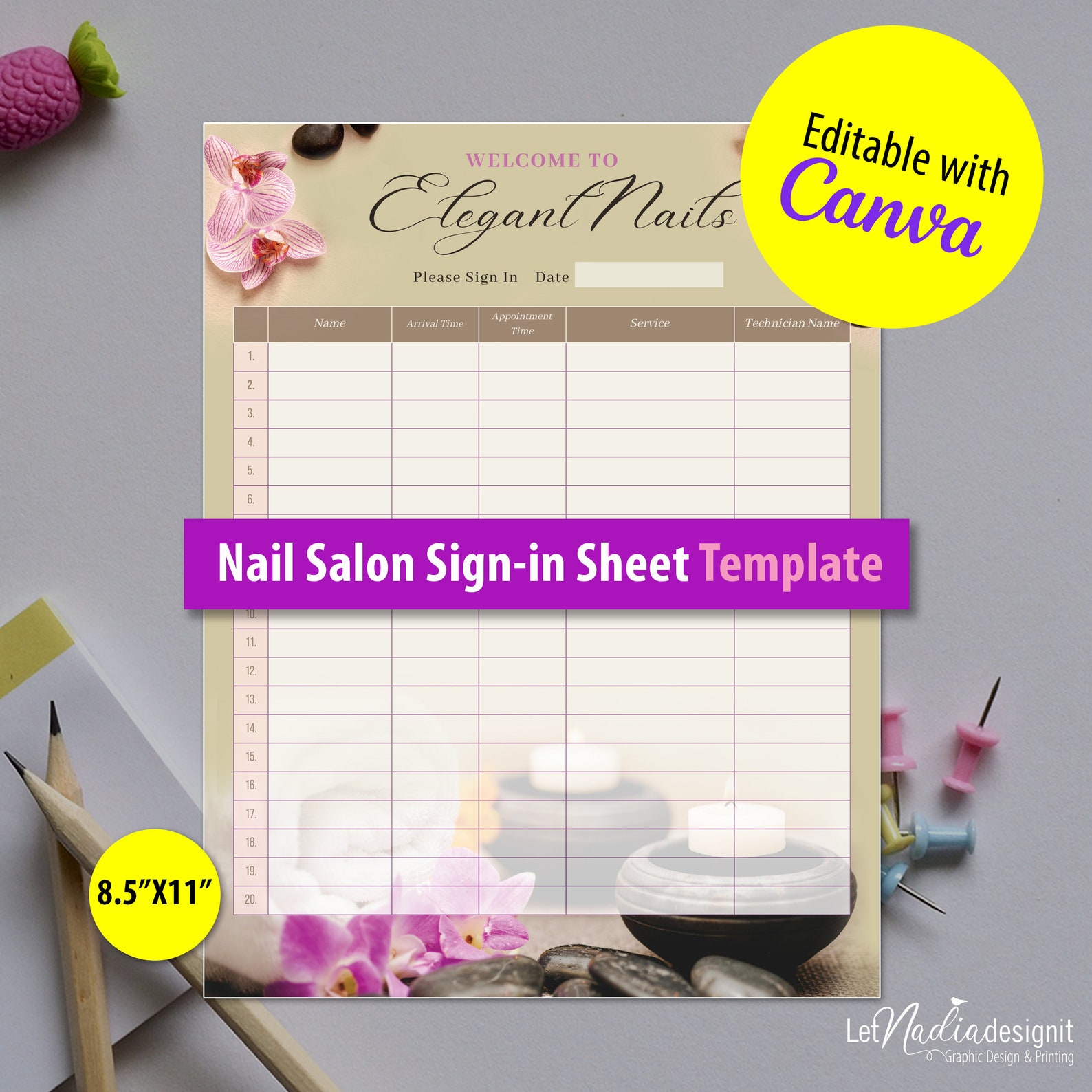 Nail Salon Sign-in Sheet Template 8.5X11 TEMPLATE ONLY Editable Sign in