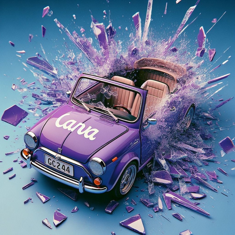 Op de afbeelding: Een paarse vintage cabriolet met het woord "Canva" op de motorkap en een kentekenplaat met de tekst "GC244". De auto is omringd door scherven gebroken glas.