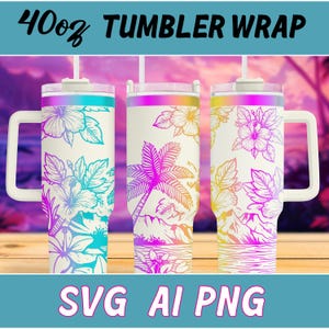May include: Three 40oz stainless steel tumblers with a white background and a tropical design featuring palm trees and hibiscus flowers. The tumblers have a gradient color scheme of pink, yellow, and blue.