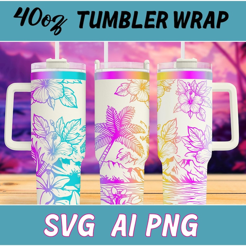 May include: Three 40oz stainless steel tumblers with a white background and a tropical design featuring palm trees and hibiscus flowers. The tumblers have a gradient color scheme of pink, yellow, and blue.