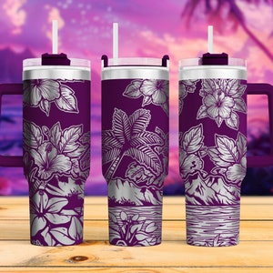 May include: Three purple stainless steel tumblers with a silver hibiscus flower and palm tree design. The tumblers have a lid and a handle.