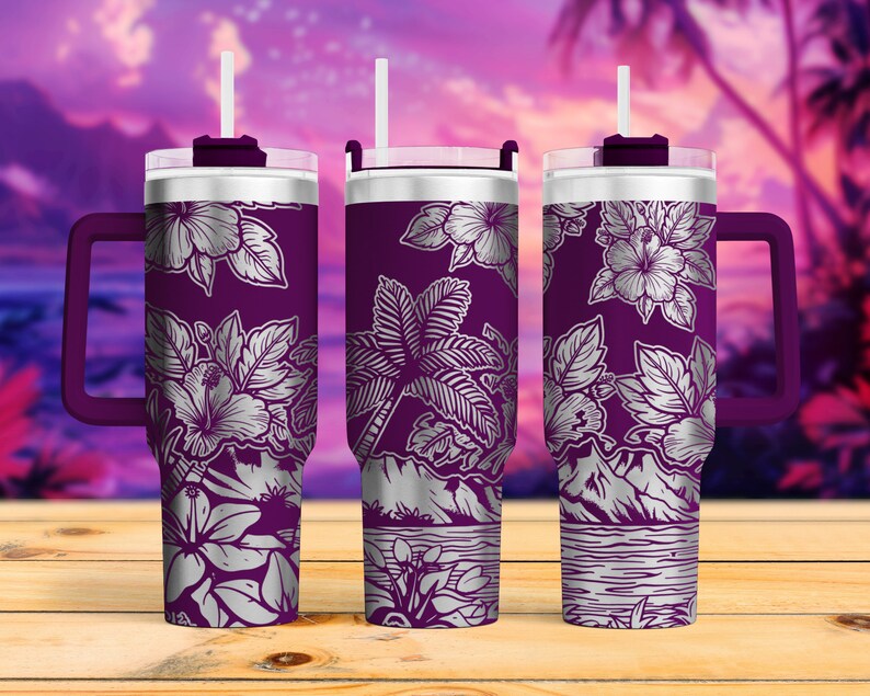 May include: Three purple stainless steel tumblers with a silver hibiscus flower and palm tree design. The tumblers have a lid and a handle.