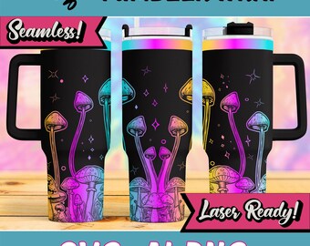 Envoltorio para vaso de 40 oz de Mushroom Magic, SVG de hongo, archivo SVG de envoltura completa, envoltura completa para grabado láser, rotatorio, vector de hongo, uso comercial