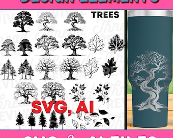 May include: A set of 20 black and white SVG and AI files featuring various tree and leaf designs. The designs include different types of trees, such as oak, pine, and maple, as well as various leaf shapes. The files are perfect for use in crafting projects, scrapbooking, and digital design.