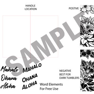 May include: Black and white graphic design elements featuring the words "Mahalo", "Ohana", and "Aloha" in a stylized font. The words are arranged in a vertical column. The design is best for dark tumblers.