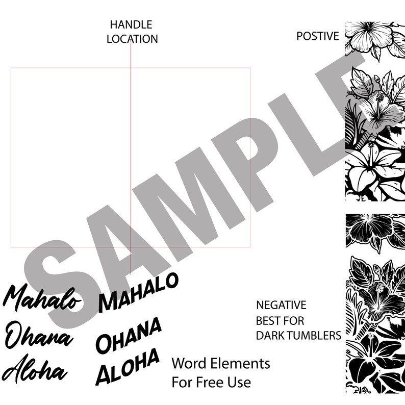 May include: Black and white graphic design elements featuring the words "Mahalo", "Ohana", and "Aloha" in a stylized font. The words are arranged in a vertical column. The design is best for dark tumblers.