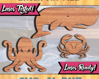 Laser Cut Nautical Creatures Bundle, Kraken SVG, Whale Laser Cut, Crab Cricut File, Octopus svg file, sea creatures. commercial use, laser