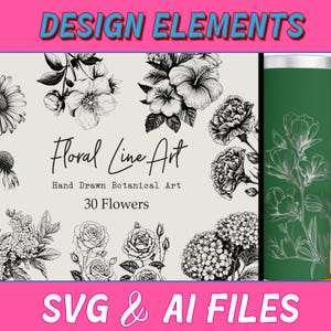 30 Wildflowers Line Art, Botanical Hand Drawn Line Art, Floral Line Art SVG, Vector Flowers and Plants, Commercial Use, Hibiscus, Daisies