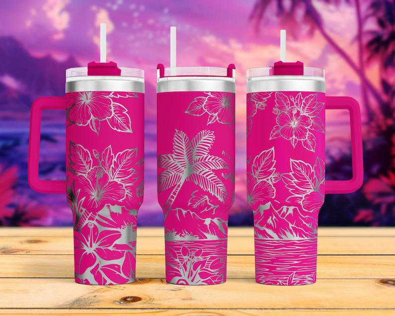 May include: Three pink stainless steel tumblers with a tropical floral design. Each tumbler has a lid, a handle, and a straw. The tumblers are on a wooden surface.