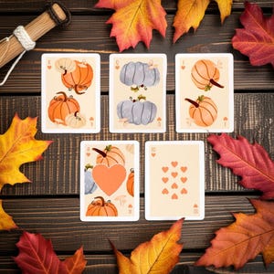 Cartas de otoño, cartas de póker, juego, cosecha, cultivo, agricultura, granja, jardín, calabaza, Halloween, naturaleza, regalo de amor con forma de corazón.