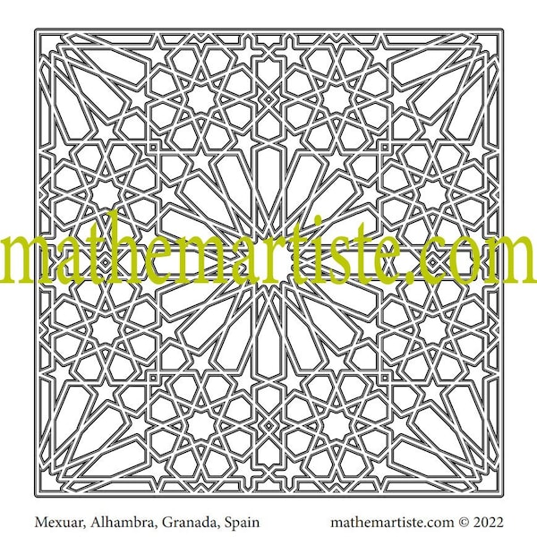 Islamic geometry coloring page - Alhambra -- math art coloring -- sacred geometry coloring sheet