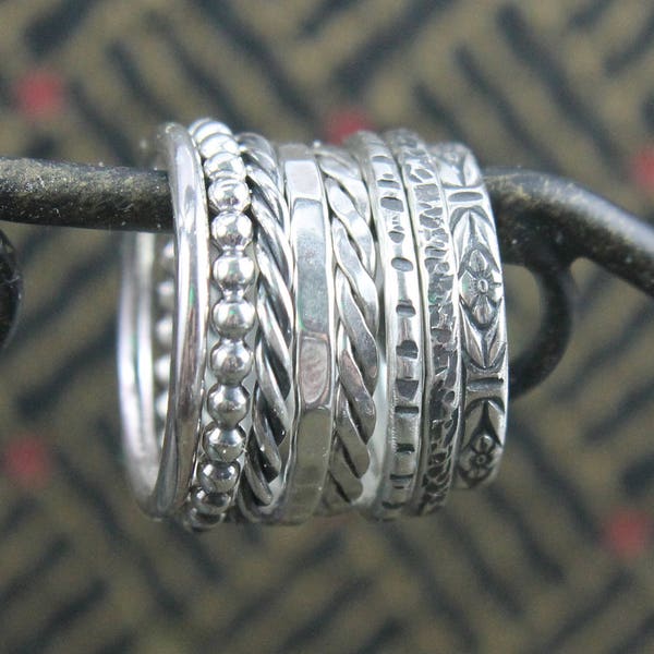 Set of Stackable Sterling Silver Ring, Simple Round or Twisted Ring Hammered or Solid, Beaded Band, Notched or Bark Textured, Flower Ring
